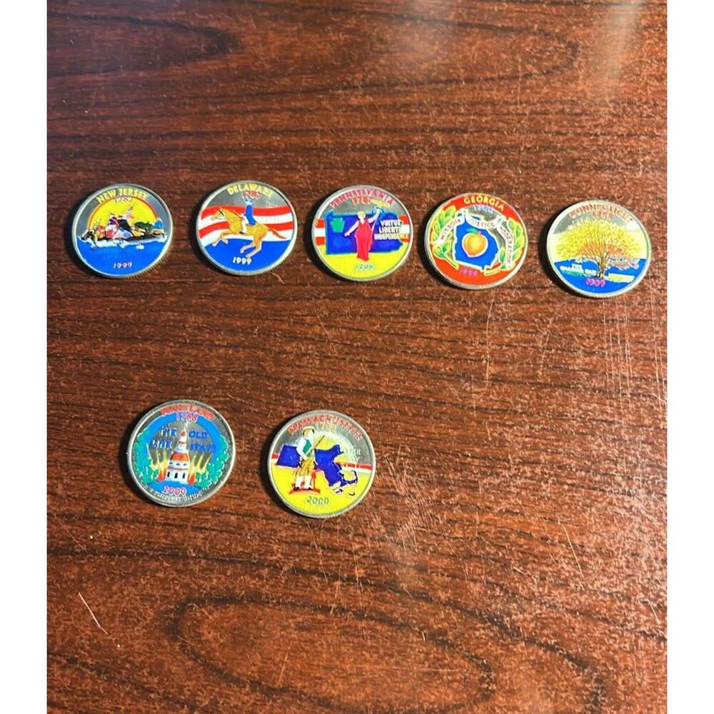 Colorized State Quarters Lot – 7 Coins (1999–2000) – Early States Set – Enamel